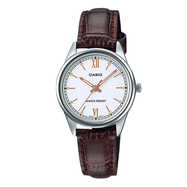 Casio Brown Leather Strap White Dial Analog Quartz Watch for Women – LTP-V005L-7B3UDF