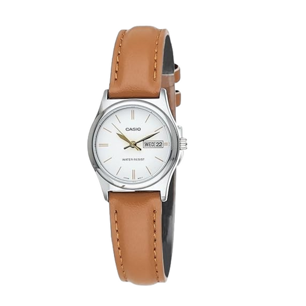 Casio Brown Leather Strap White Analog Quartz Watch for Women – LTP-V006L-7B2UDF