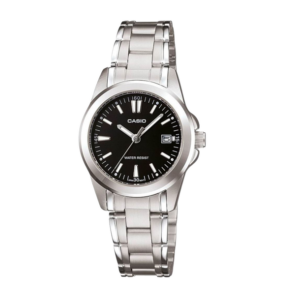 Casio Silver Stainless Steel Bracelet Black Analog Quartz Watch for Women – LTP-1215A-1A2DF