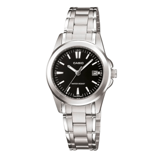 Casio Silver Stainless Steel Black Dial Analog Quartz Watch for Women – LTP-1215A-1A2DF
