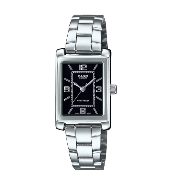 Casio Silver Ion-Plated Stainless Steel Bracelet Black Analog Quartz Watch for Women – LTP-1234DD-1ADF
