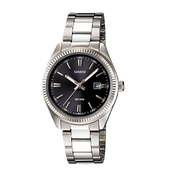 Casio Silver Stainless Steel Bracelet Black Analog Quartz Watch for Women – LTP-1302D-1A1VDF