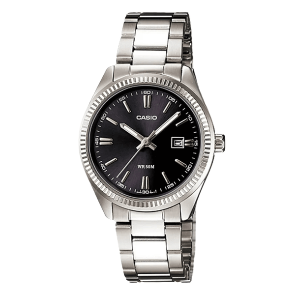Casio Silver Stainless Steel Black Dial Analog Quartz Watch for Women – LTP-1302D-1A1VDF