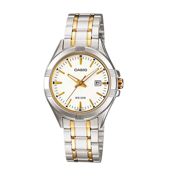 Casio Two-Tone Stainless Steel Bracelet White Analog Quartz Watch for Women – LTP-1308SG-7AVDF
