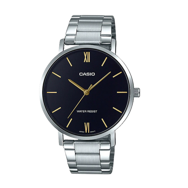 Casio Silver Stainless Steel Bracelet Black Analog Quartz Watch for Men – MTP-VT01D-1BUDF