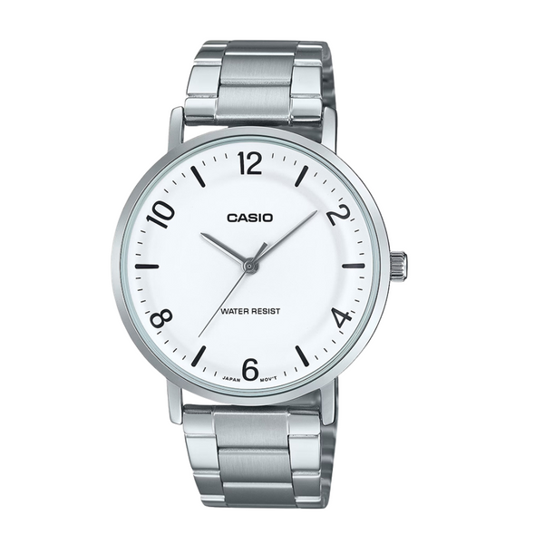 Casio Silver Stainless Steel Bracelet White Analog Quartz Watch for Men – MTP-VT03D-7BDF