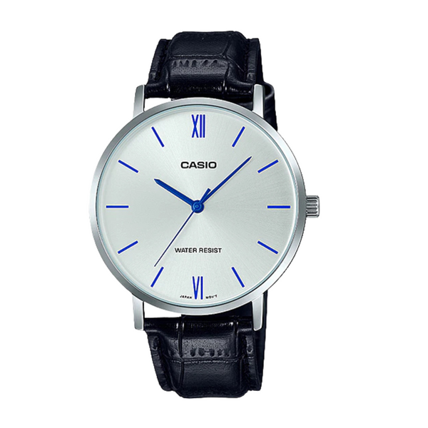 Casio Black Leather Strap Silver Analog Quartz Watch for Men – MTP-VT01L-7B1UDF
