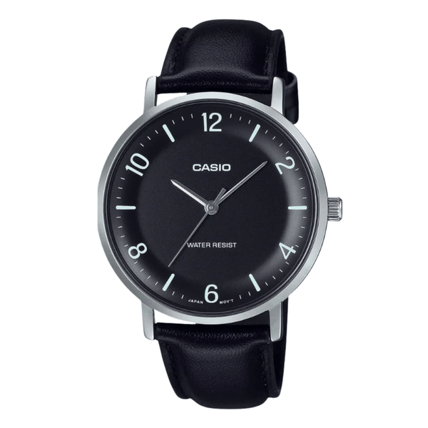 Casio Black Leather Strap Black Dial Analog Quartz Watch for Men – MTP-VT03L-1BDF