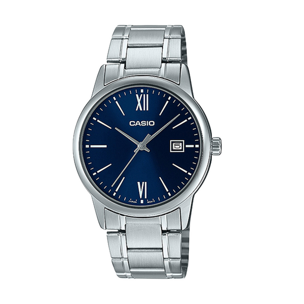 Casio Silver Stainless Steel Bracelet Blue Analog Quartz Watch for Men – MTP-V002D-2B3UDF