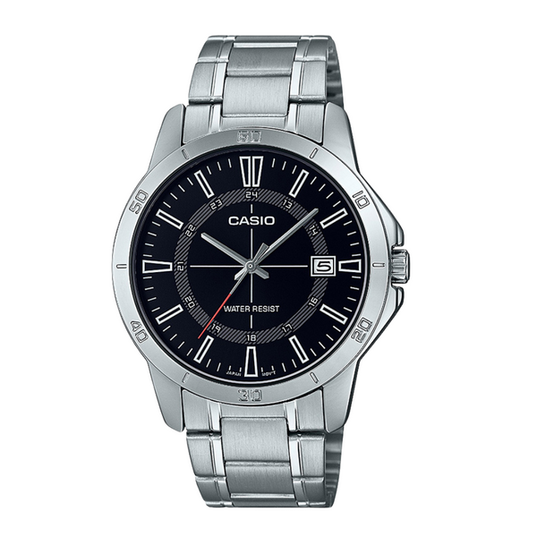 Casio Silver Stainless Steel Bracelet Black Analog Quartz Watch for Men – MTP-V004D-1CUDF