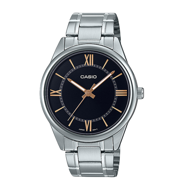 Casio Silver Stainless Steel Bracelet Black Analog Quartz Watch for Men – MTP-V005D-1B5UDF