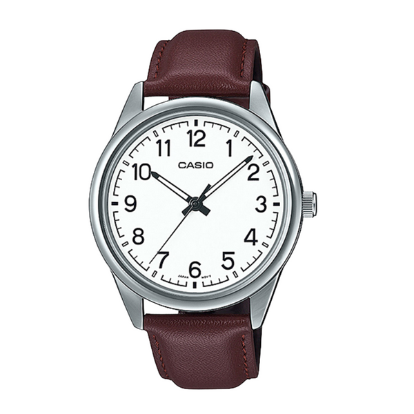 Casio Brown Leather Strap White Analog Quartz Watch for Men – MTP-V005L-7B4UDF
