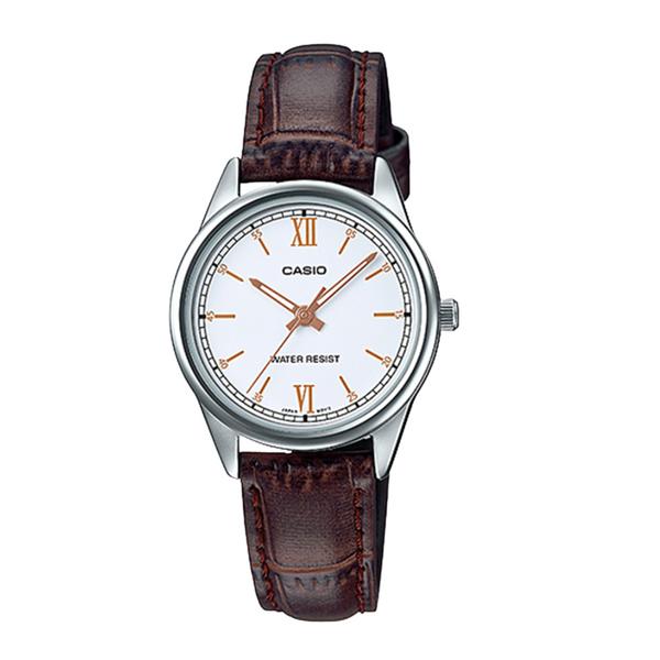 Casio Brown Leather Strap White Analog Quartz Watch for Women – LTP-V005L-7B3UDF (AG)