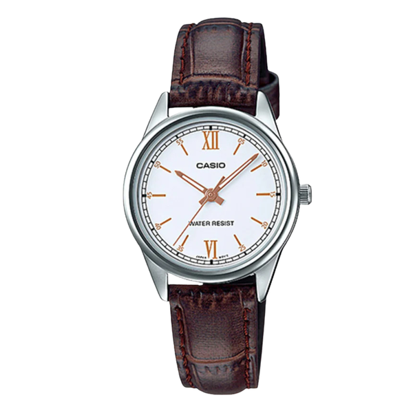 Casio Brown Leather Strap White Dial Analog Quartz Watch for Women – LTP-V005L-7B3UDF (AG)