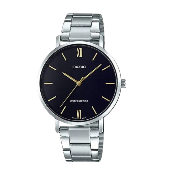 Casio Silver Stainless Steel Bracelet Black Analog Quartz Watch for Women – LTP-VT01D-1BUDF (AG)