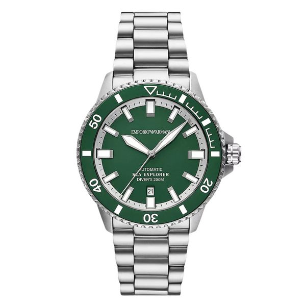 Emporio Armani Tazio Silver Stainless Steel Bracelet Green Quartz Watch for Men – 42 mm (AR6088)