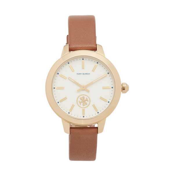 Tory Burch Collins Gold-Tone Stainless Steel Ivory Dial Brown Leather Watch – TBW1202