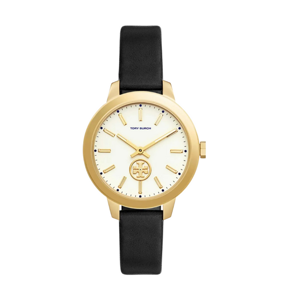 Tory Burch Collins Rose-Gold Case Black Leather Watch – TBW1205