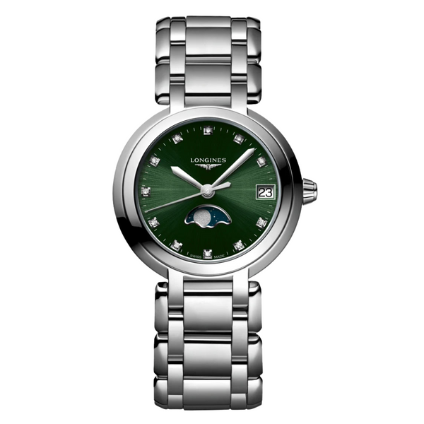 Longines PrimaLuna Moonphase Silver Stainless Steel Green Dial Quartz Watch for Ladies - L8.115.4.67.6