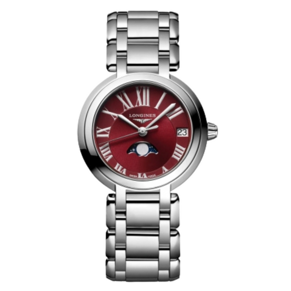 Longines PrimaLuna Moonphase Silver Stainless Steel Red Dial Quartz Watch for Ladies - L8.115.4.92.6