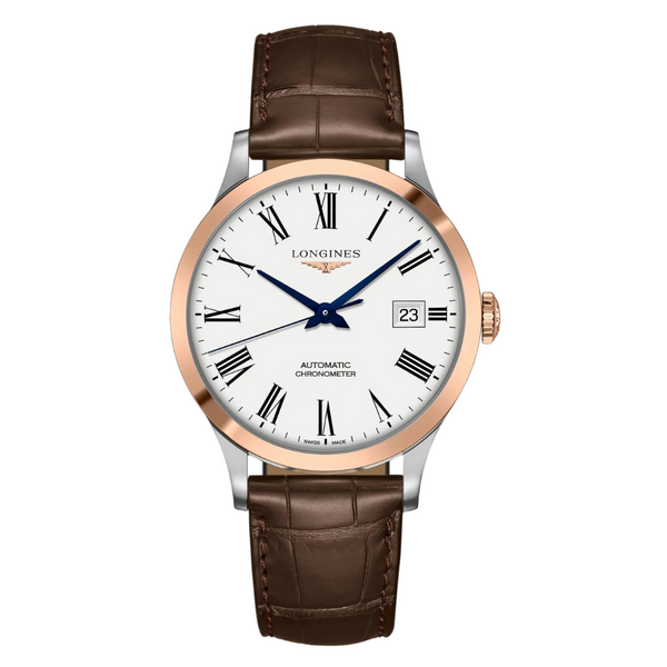 Longines Record Collection Brown Leather Strap White Matte Dial Quartz Watch for Gents - L2.821.5.11.2