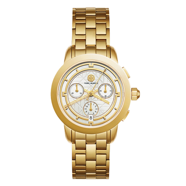 Tory Burch Classic T Gold Stainless Steel Silver sunray Dial Chronograph Quartz Watch for Ladies - TBW1032