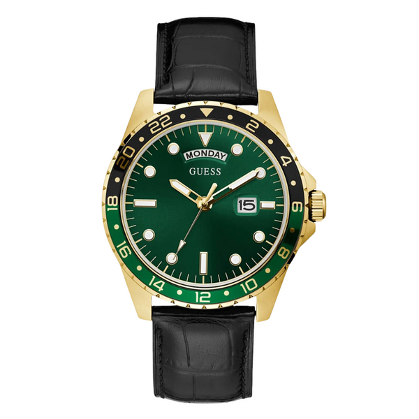 Guess Comet Black Leather Strap Green Dial Quartz Watch for Gents - GW0221G1