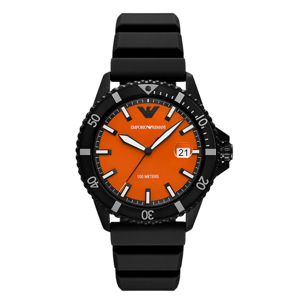 EMPORIO ARMANI World Explorer Black Silicone Strap Orange Dial Quartz Watch for Gents - A11684