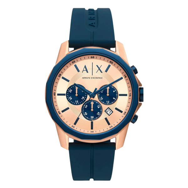 Armani Exchange Hampton Blue Silicone Strap Rose Gold Dial Chronograph Quartz Watch for Gents - AX-1730