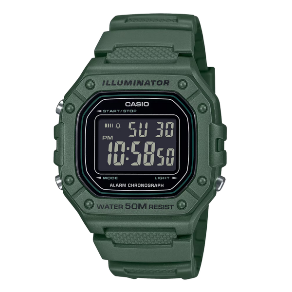 Casio Green Rubber Black Dial Quartz Watch for Gents - W-218H-3BVDF