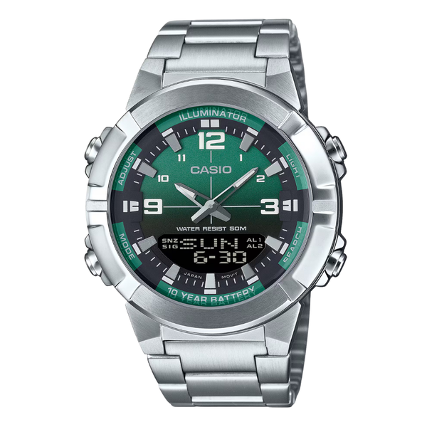 Casio Silver Stainless Steel Green Dial Quartz Watch for Gents - AMW-870DA-3AVDF