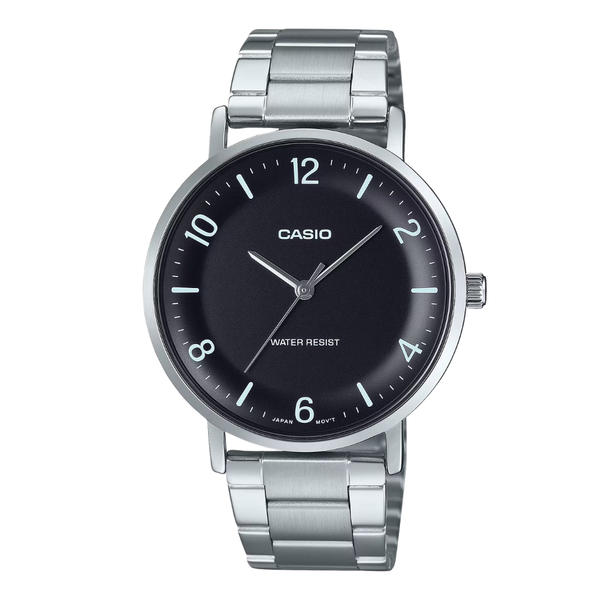 Casio Silver Stainless Steel Black Dial Quartz Watch for Gents - MTP-VT03D-1BDF