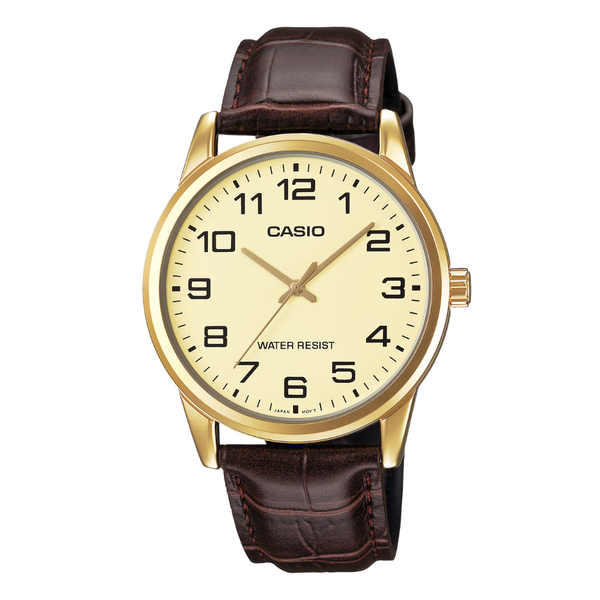 Casio Brown Leather Strap Gold Dial Quartz Watch for Gents - MTP-V001GL-9BUDF