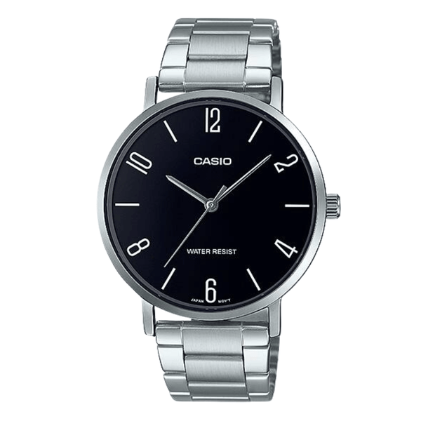 Casio Silver Stainless Steel Black Dial Quartz Watch for Gents - MTP-VT01D-1B2UDF