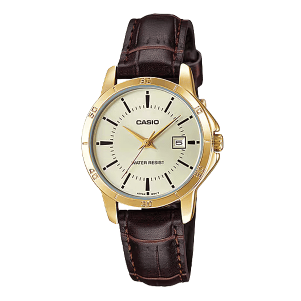 Casio Brown Leather Strap Gold Dial Quartz Watch for Ladies - LTP-V004GL-9AUDF