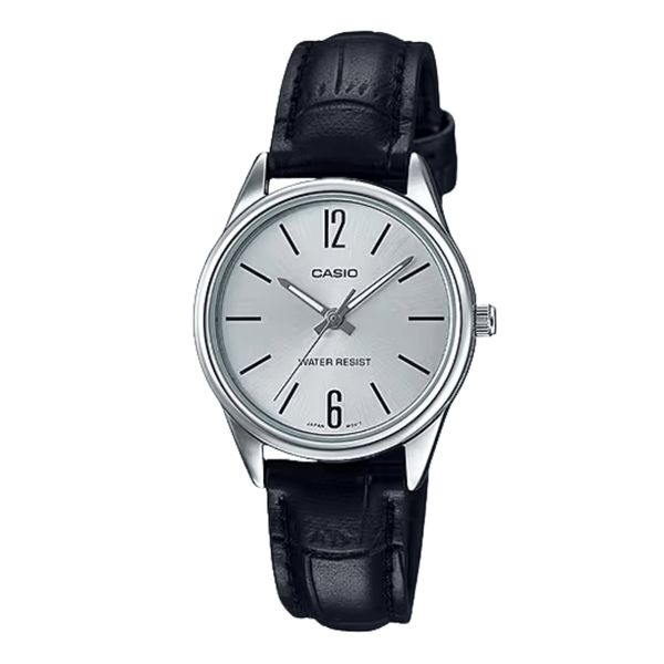 Casio Black Leather Strap Silver Dial Quartz Watch for Ladies - LTP-V005L-7BUDF