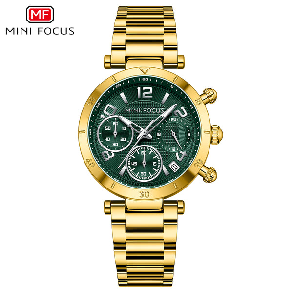 Mini Focus Gold Stainless Steel Green Dial Chronograph Quartz Watch for Ladies - MF0489L-06