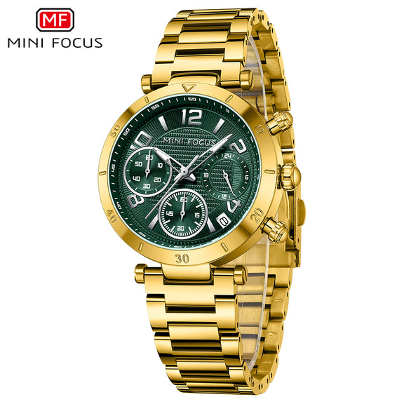 Mini Focus Gold Stainless Steel Green Dial Chronograph Quartz Watch fo ...