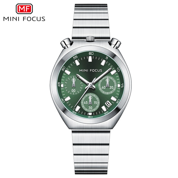 Mini Focus Silver Stainless Steel Green Dial Chronograph Quartz Watch for Gents - MF0491L-03