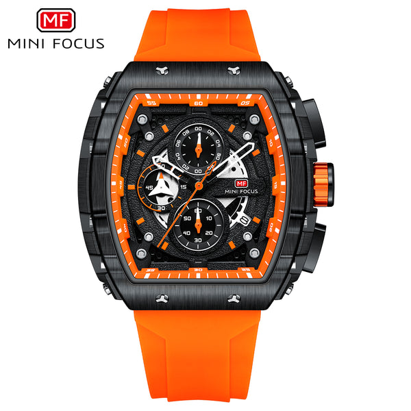 Mini Focus Orange Silicone Strap Black Dial Chronograph Quartz Watch for Gents - MF0399G-01