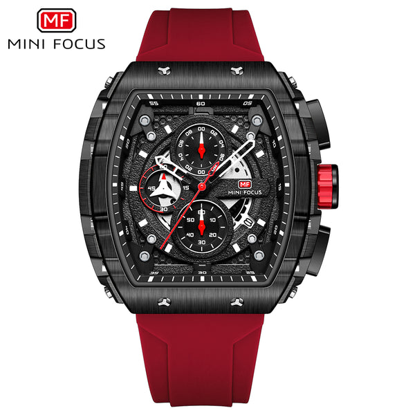 Mini Focus Red Silicone Strap Black Dial Chronograph Quartz Watch for Gents - MF0399G-04