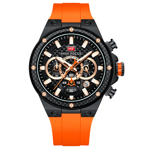 Mini Focus Orange Silicone Strap Black Dial Chronograh Quartz Watch for Gents - MF0468G-02