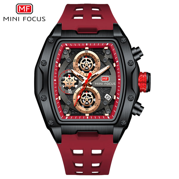Mini Focus Red Silicone Strap Black Dial Chronograph Quartz Watch for Gents - MF0473G-04