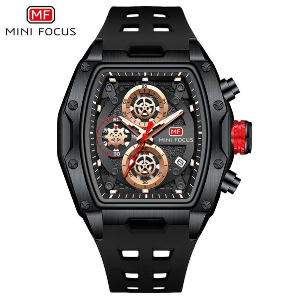Mini Focus Black Silicone Strap Black Dial Chronograph Quartz Watch for Gents - MF0473G-05