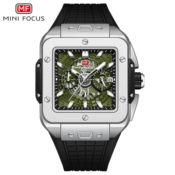 Mini Focus Black Silicone Strap Green Dial Chronograph Quartz Watch for Gents - MF0475G-01