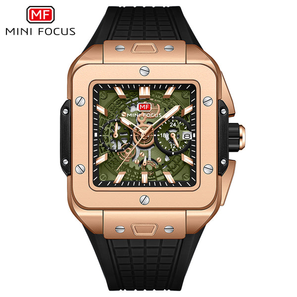 Mini Focus Black Silicone Strap Green Dial Chronograph Quartz Watch for Gents - MF0475G-03