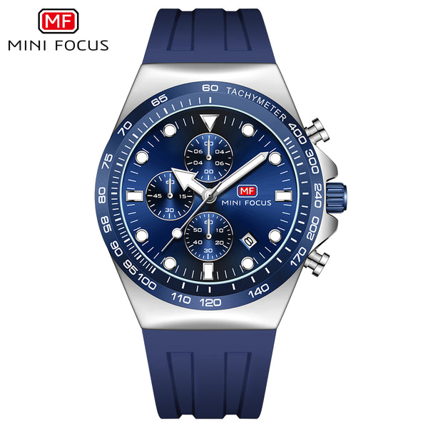 Mini Focus Blue Silicone Strap Blue Dial Chronograph Quartz Watch for Gents - MF0488G-02