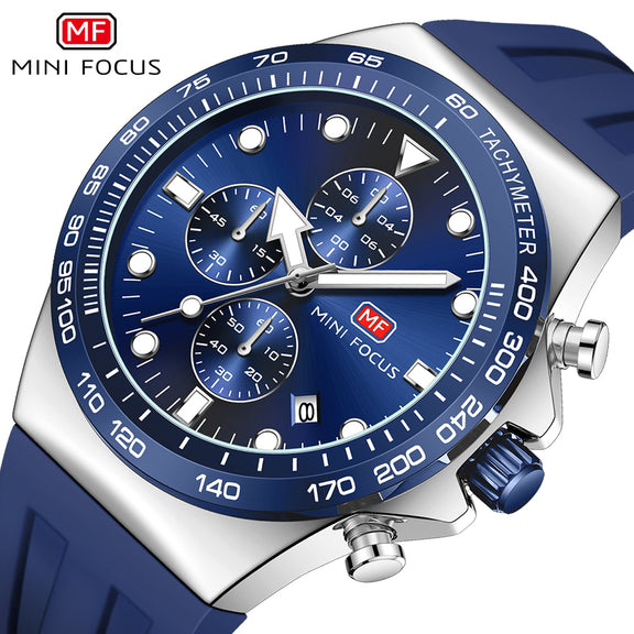 Mini Focus Blue Silicone Strap Blue Dial Chronograph Quartz Watch for ...