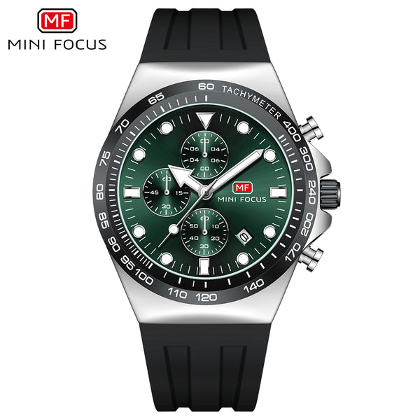 Mini Focus Green Silicone Strap Black Dial Chronograph Quartz Watch for Gents - MF0488G-03