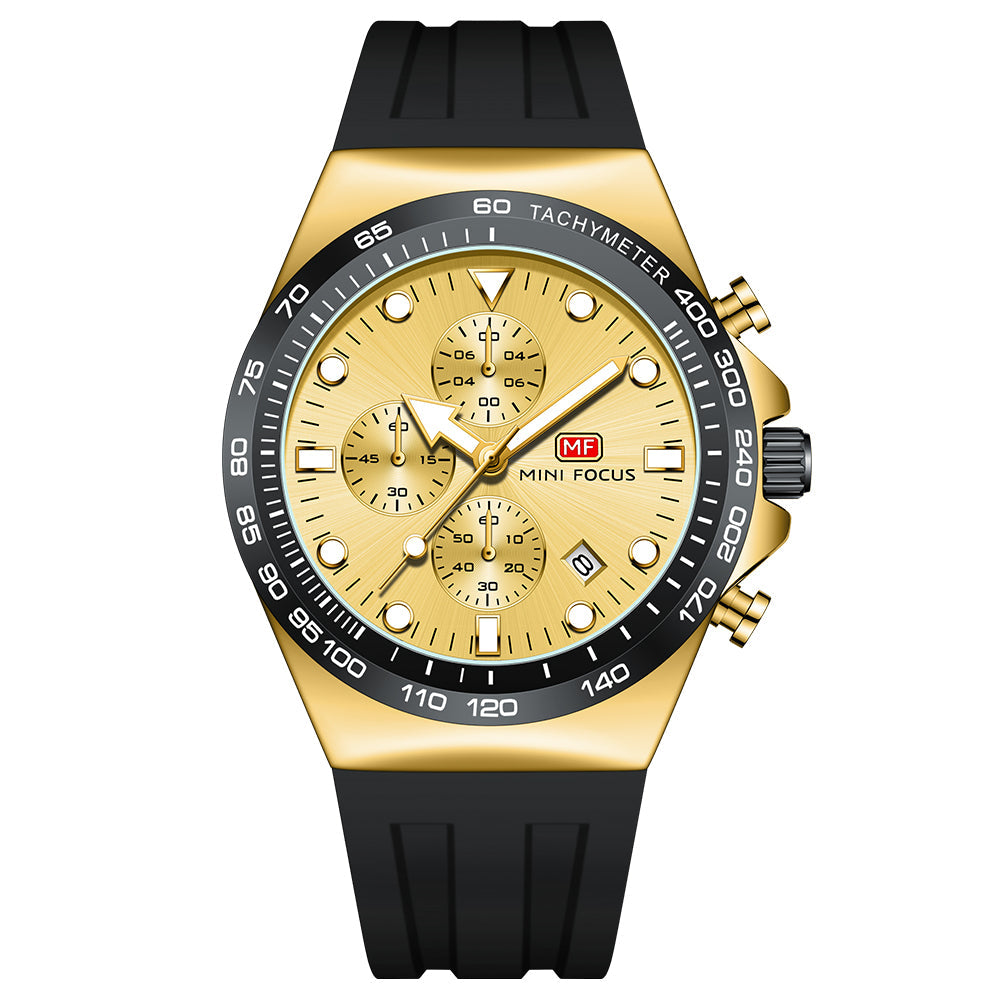 Mini Focus Black Silicone Strap Gold Dial Chronograph Quartz Watch for ...